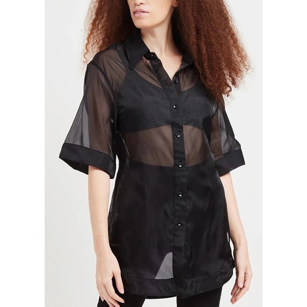 APPARIS. Sheer Organza Belted Button Up Tana Blouse Small Black Sleek Modern